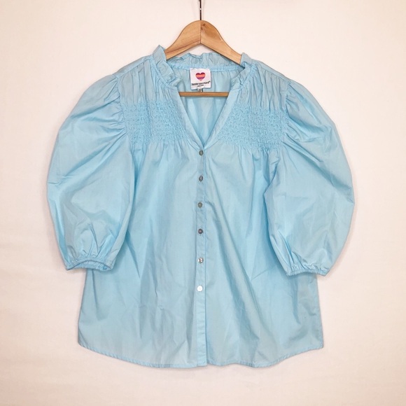 Hester & Orchard Blue puff sleeve, smocked detail button down blouse - Picture 9 of 9